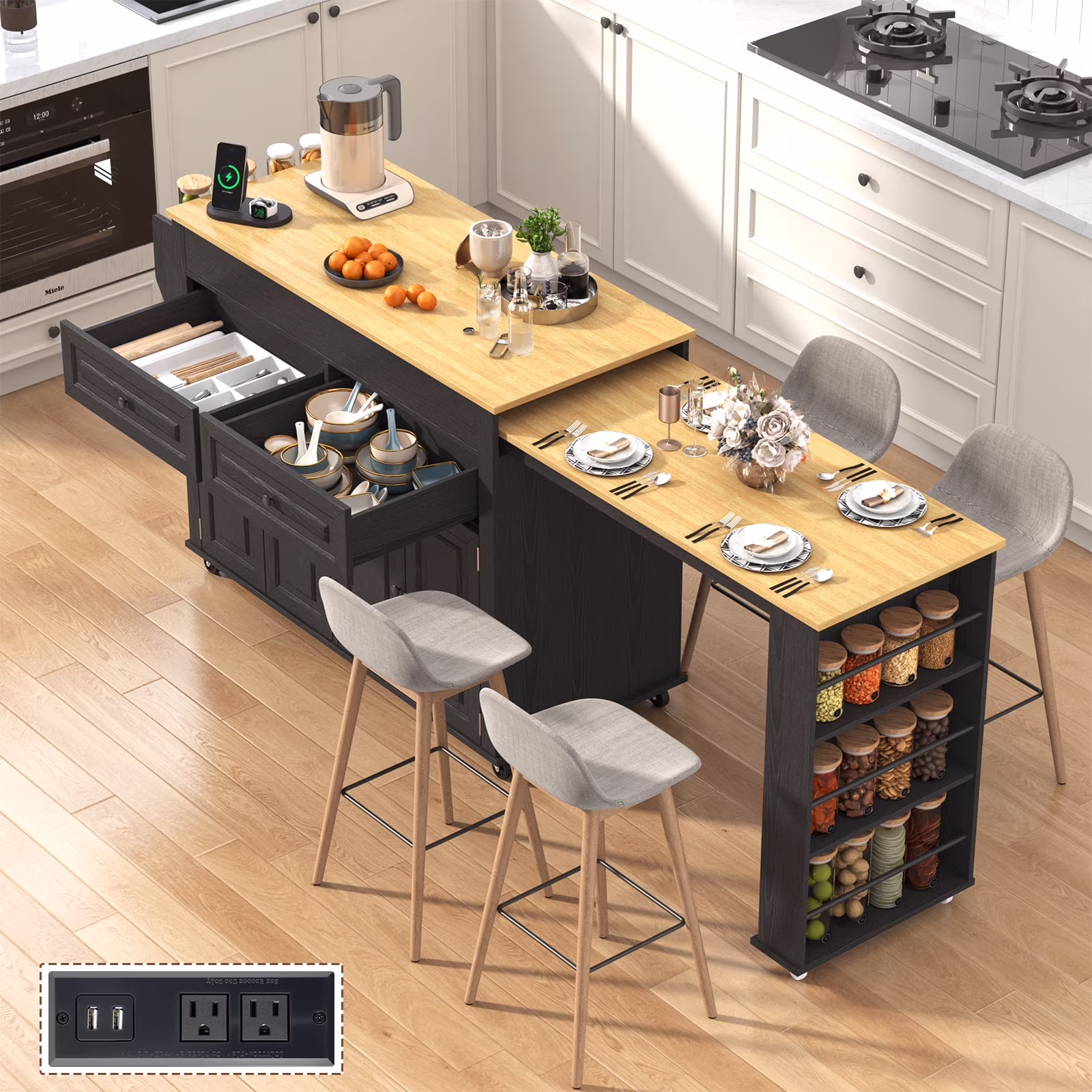 Large Kitchen Island with Extendable Dining Table and Power Outlet, Rolling Kitchen Island Cart on Wheels with 2 Storage Cabinets 2 Drawers 3 Spice Racks, Island Table for Kitchen(Black)
