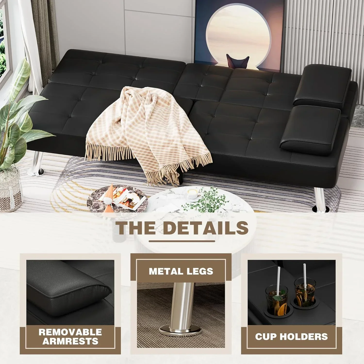 Canapé-lit futon Homall en cuir avec accoudoirs et fauteuil inclinable réglable