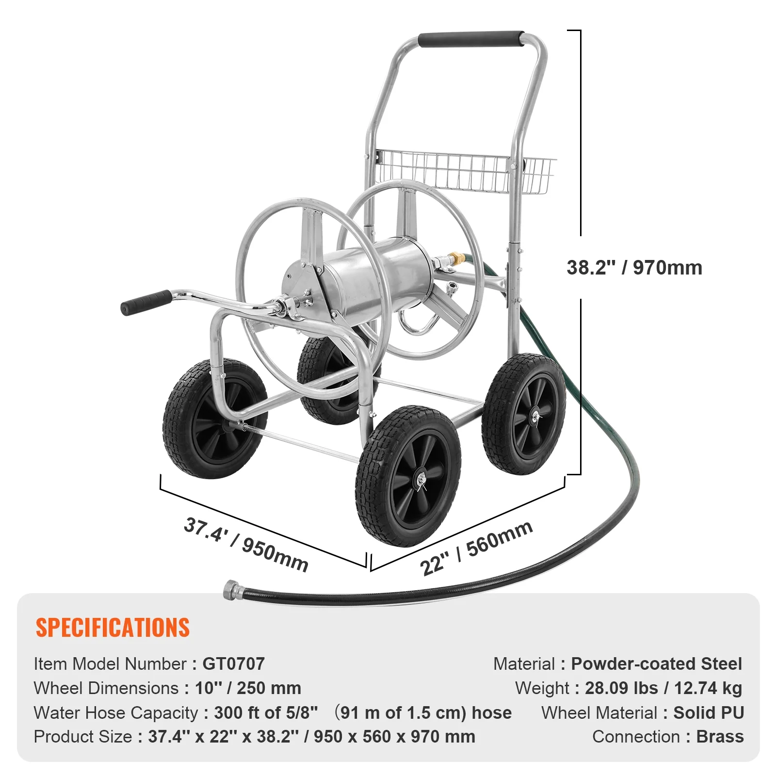 Hose Reel Cart with Wheels, Metal hose reel Holds 300 Feet of 5/8" Hose Capacity Heavy Duty Outdoor Water Planting Truck for Yard, Garden - Image 3