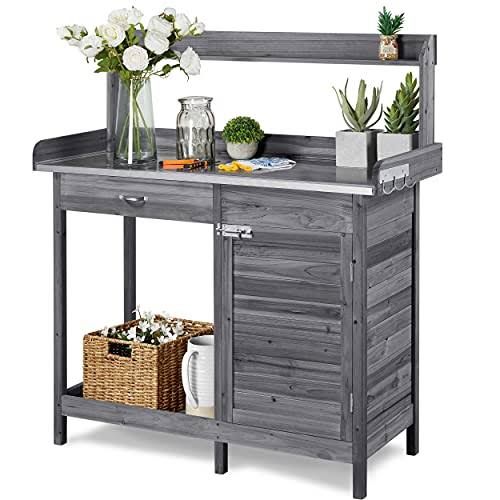 Topeakmart Outdoor Potting Bench Table Work Station Garden Planting with Cabinet & Drawer & Top Shelf & Lower Shelf Natural Wood