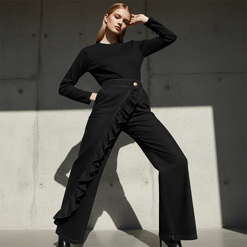 Jean large asymétrique avec volants