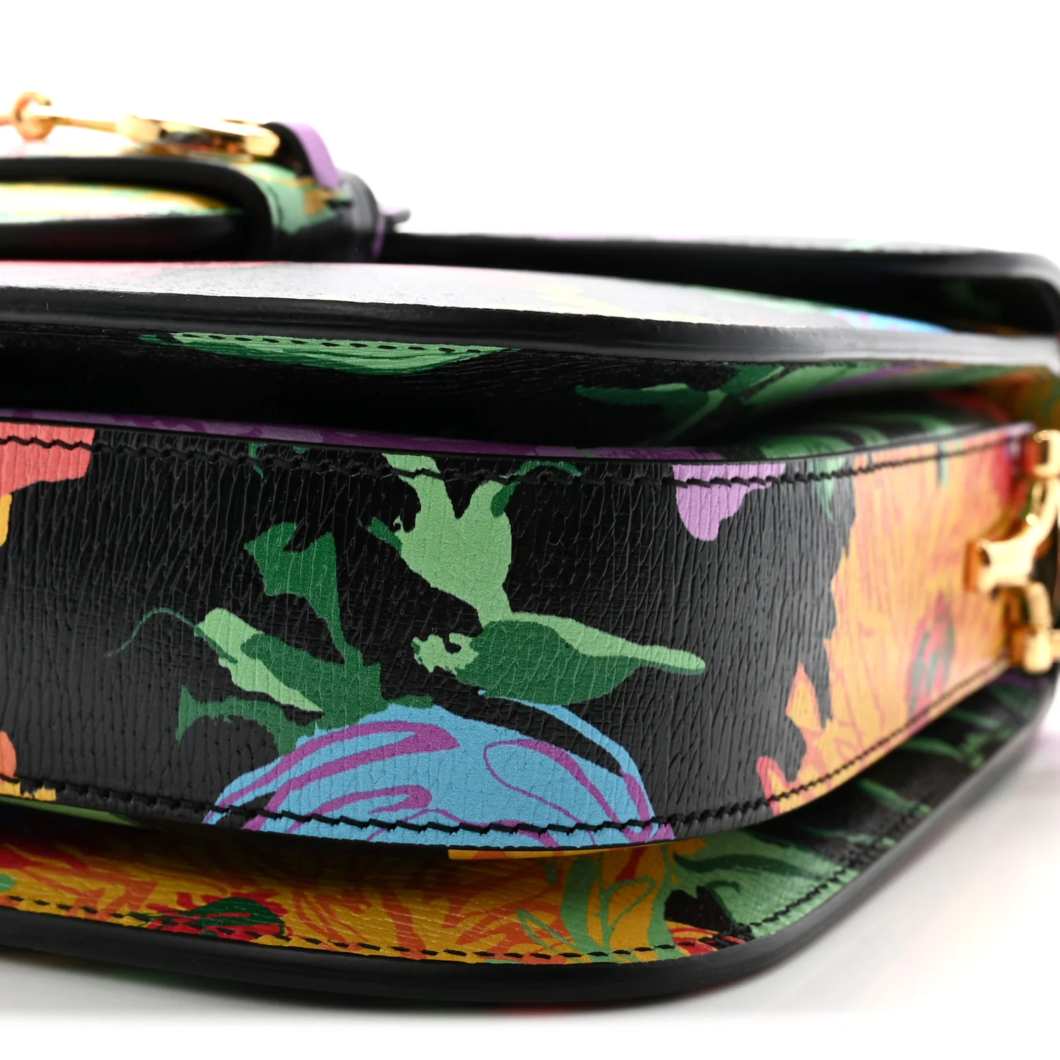 X KEN SCOTT New Shangai Calfskin Jenny Floral Print Horsebit 1955 Shoulder Bag Black Pink