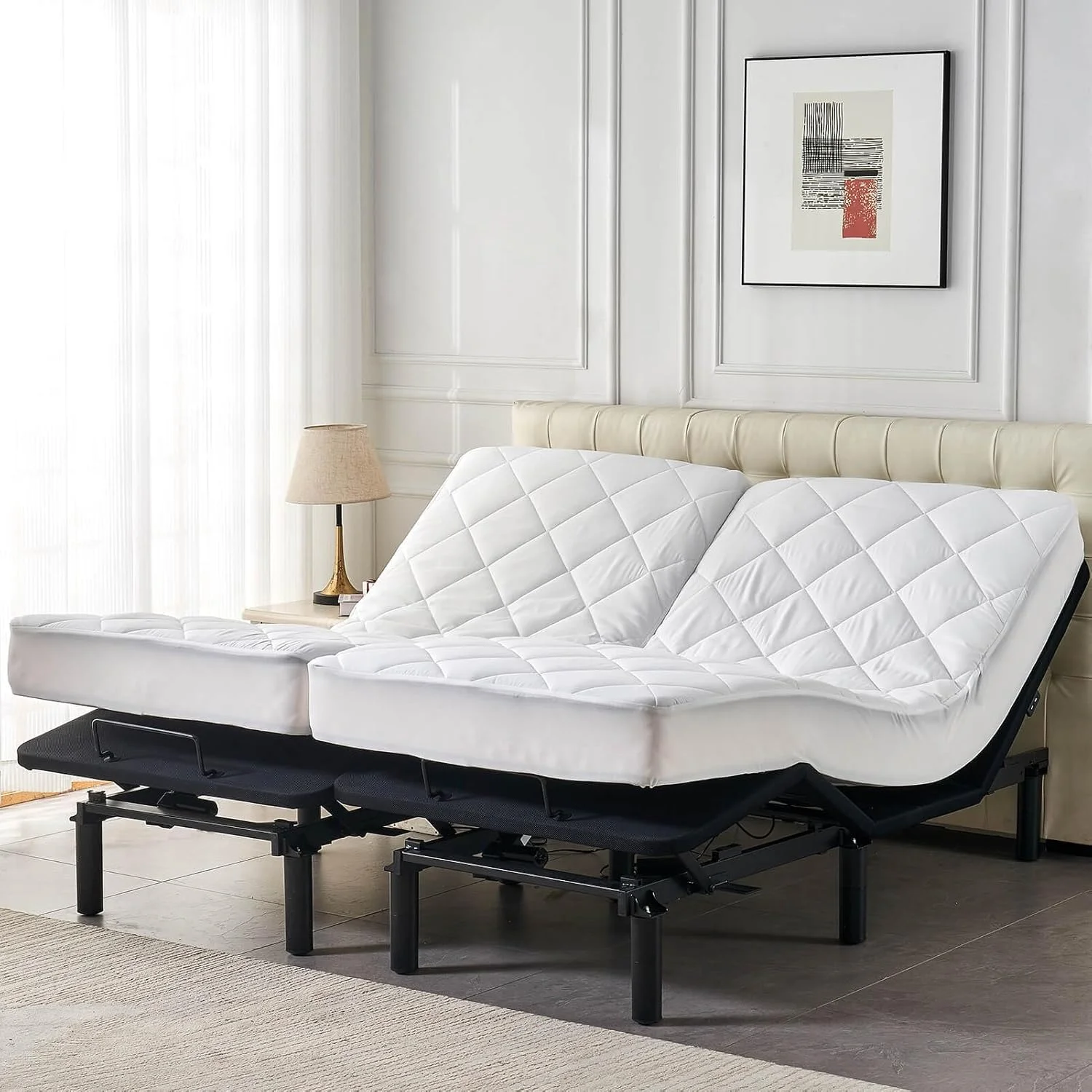 Split King Mattress Topper for Adjustable Bed Fluffy Matress Cover Quilted Fitted Mattress Pad with Elastic Pocket(Split King/White) - Image 8