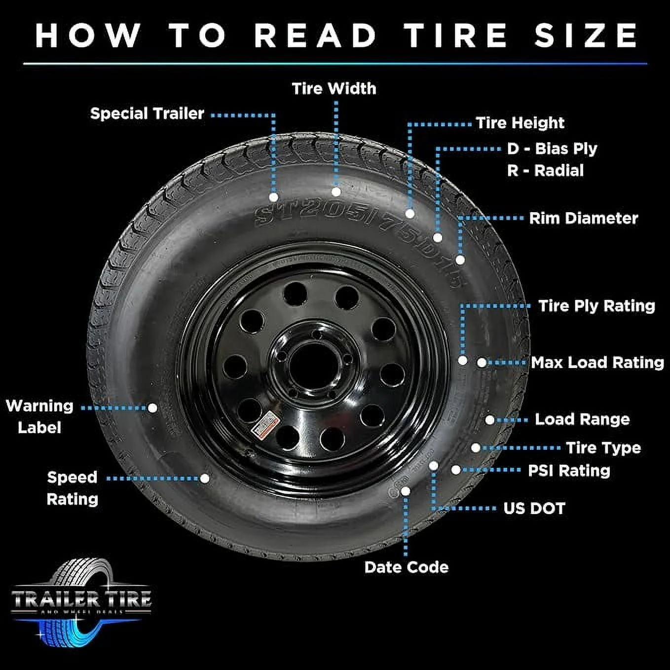 Trailer Tire on Rim ST205/75D15 Tex Star LRC 6 Ply Bias 5 Lug White Spoke Wheel 5x4.5