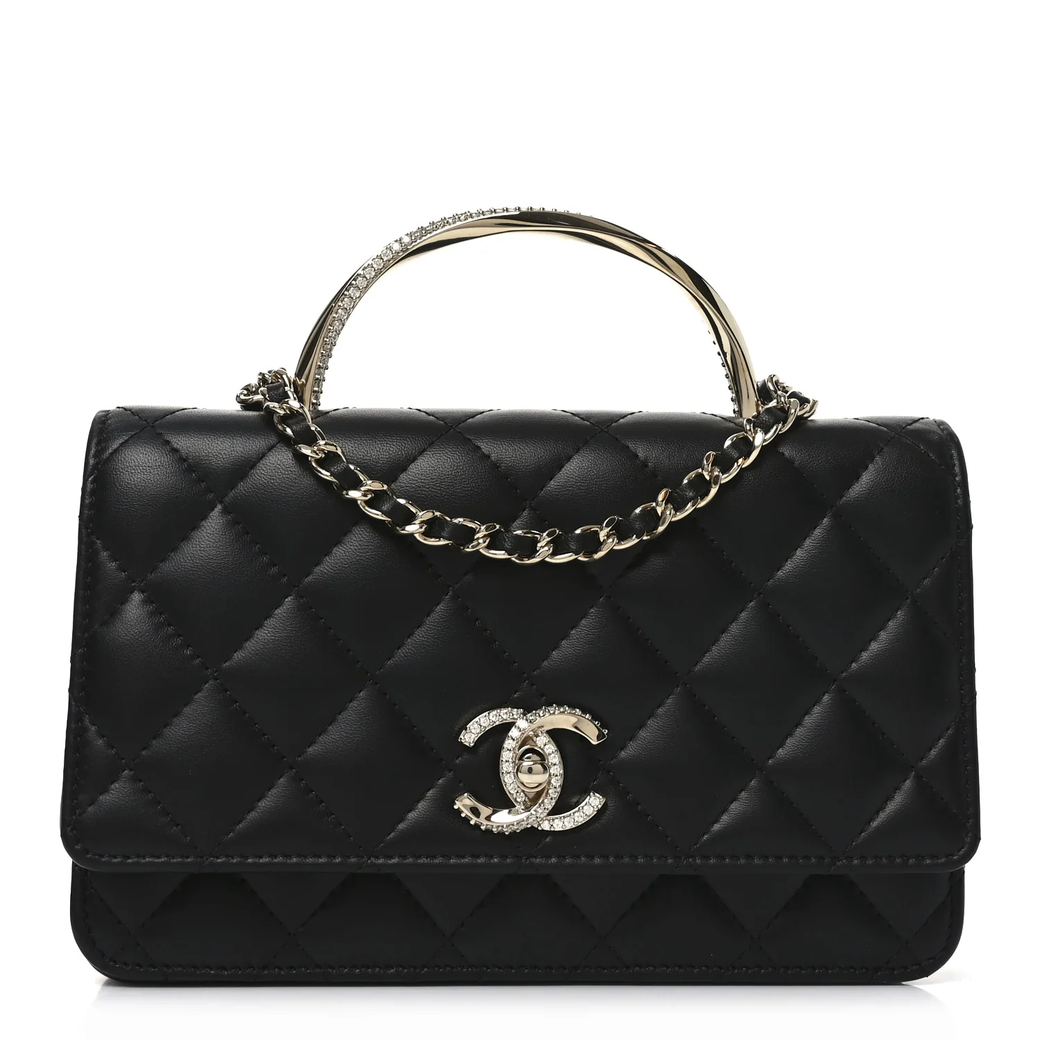Lambskin Quilted Crystal Handle Wallet On Chain WOC Black