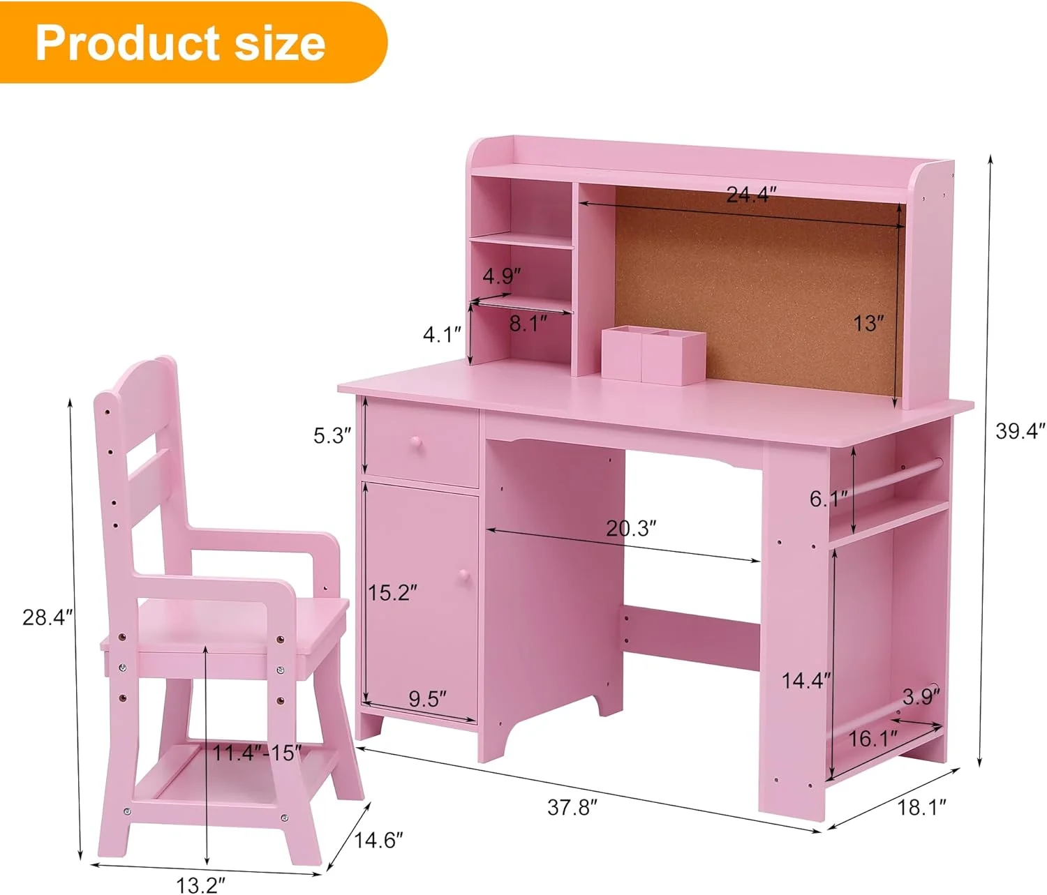 Kids Desk and Chair Set, Study Table with Storage Shelf, Bulletin Board, Children School Learning Desk Set, Writing Table for Boys and Girls, Pink - Image 5