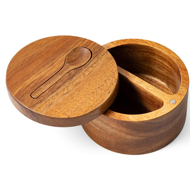 Acacia Salt Box Divided with Magnetic Swivel - 2-Compartment Wooden Spice Cellar