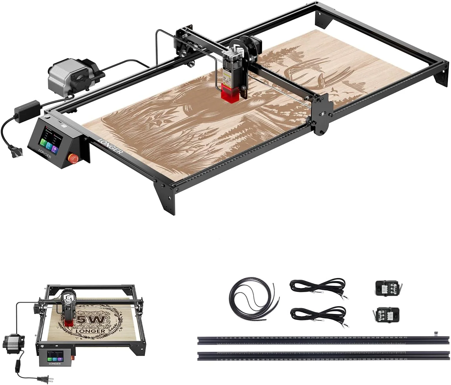 Graveur laser Longer RAY5 5W avec pompe à air, kit de fin de course et kit d'extension d'axe Y, zone de travail étendue à 33,46 x 15,75 pouces, écran tactile couleur de 3,5 pouces, outil de gravure DIY pour métal, verre et bois
