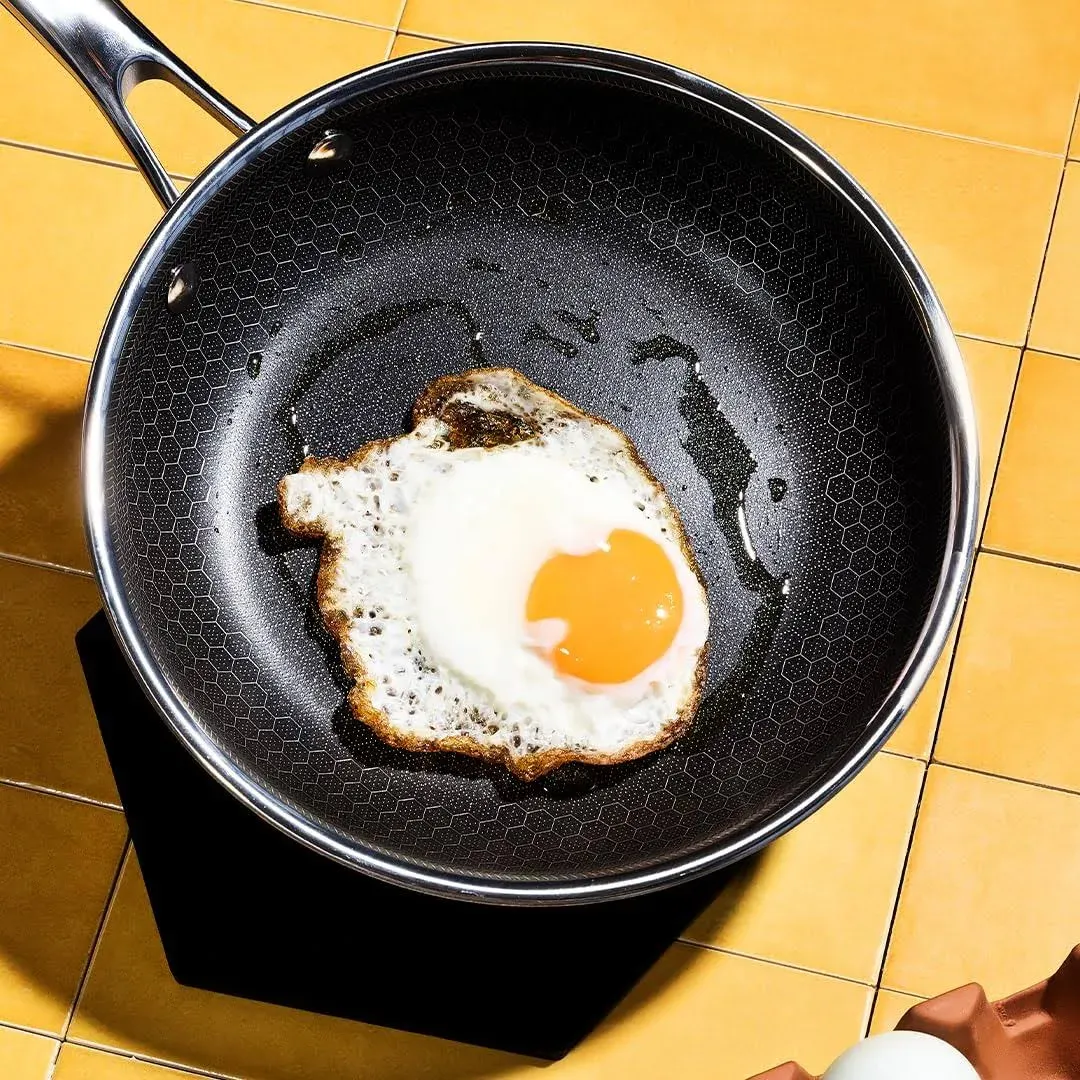 Batterie de cuisine hybride HexClad 6 pièces en acier inoxydable, 20, 25 et 30 cm, avec couvercles en verre, taille unique, noire