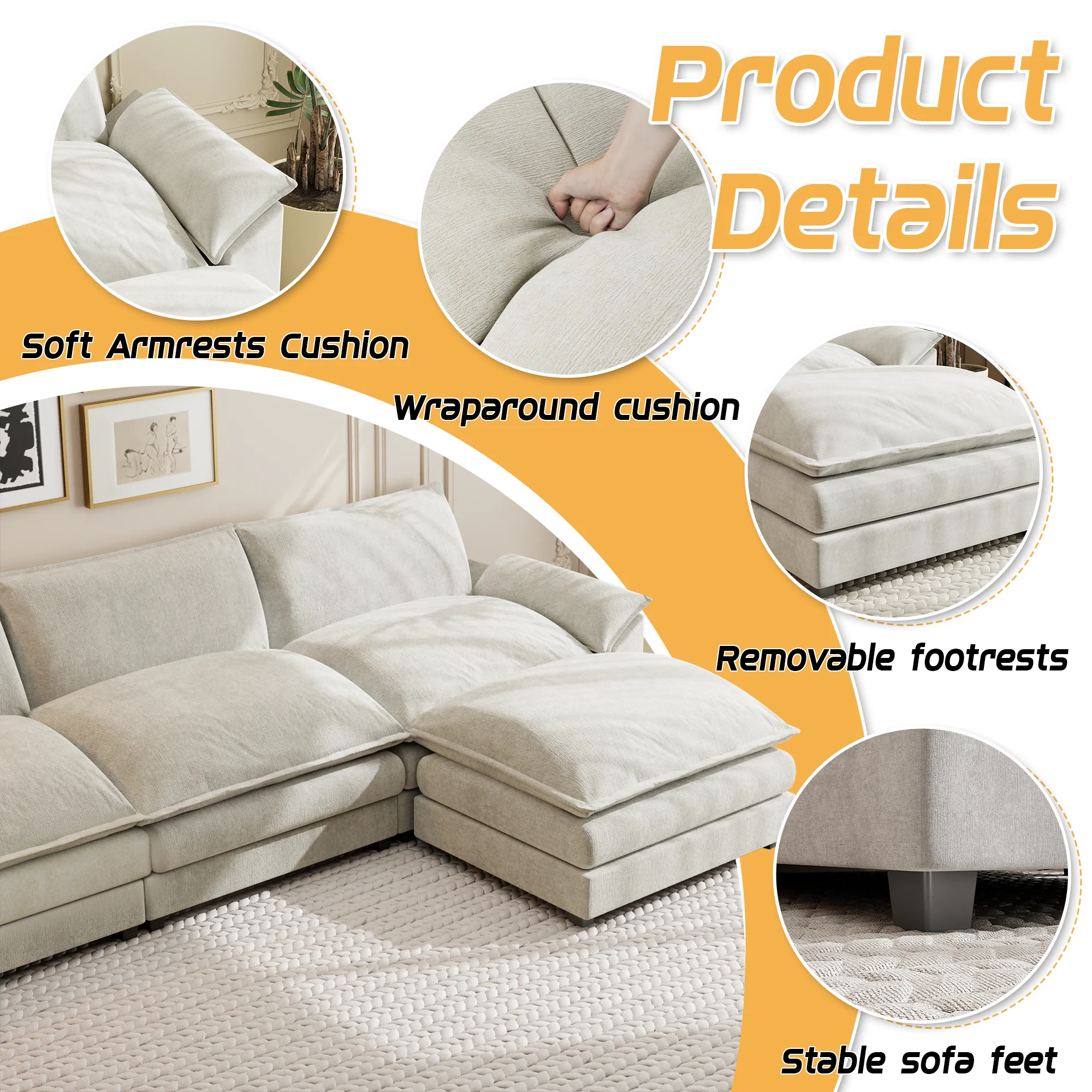 Sectional Sofa 3-seat L-shaped Sofa with reversible toffee chair Movable Footrest Sofa,Gray(Gray) - Image 9