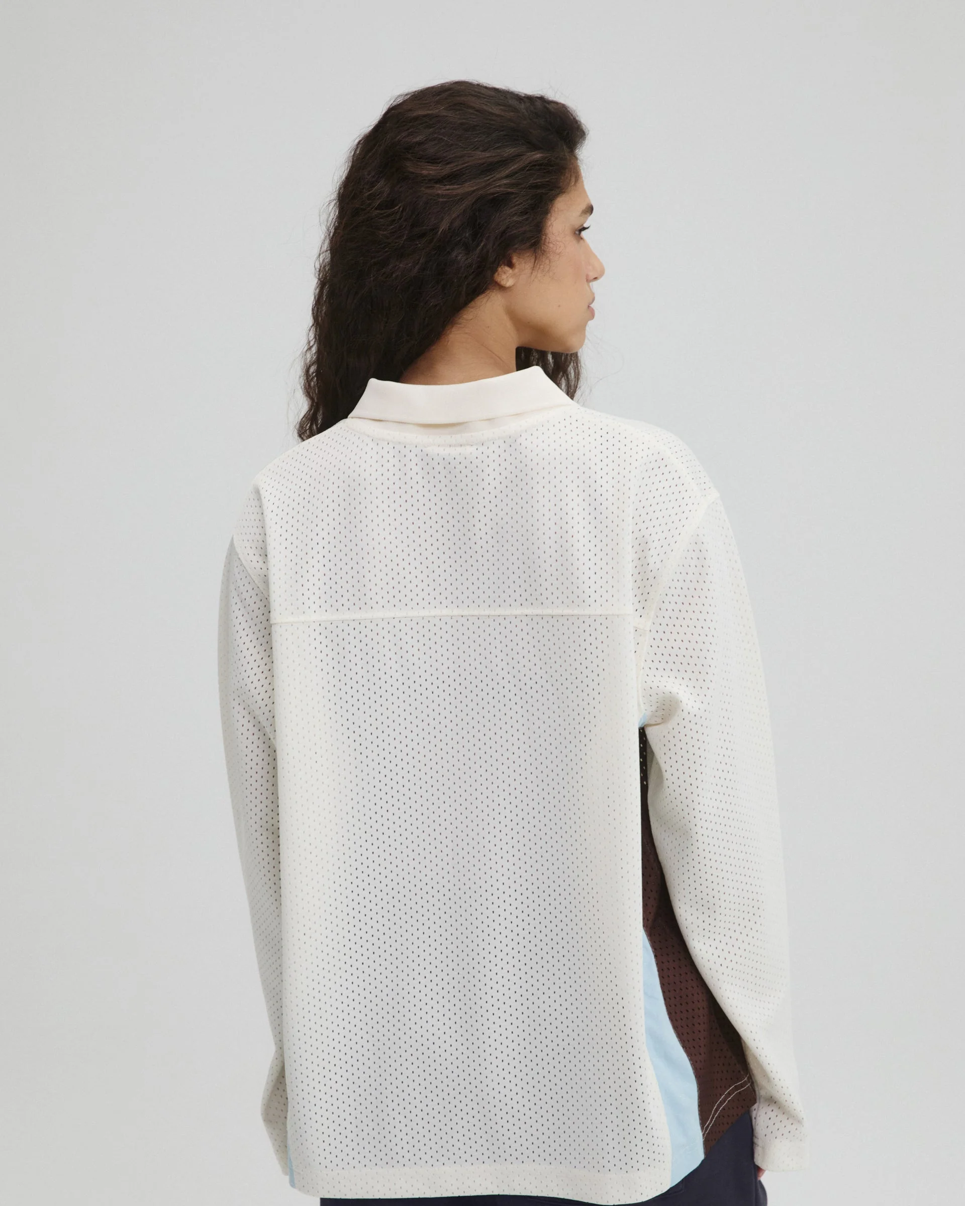 Collared Mesh Long Sleeve Jersey Top - Marshmallow White