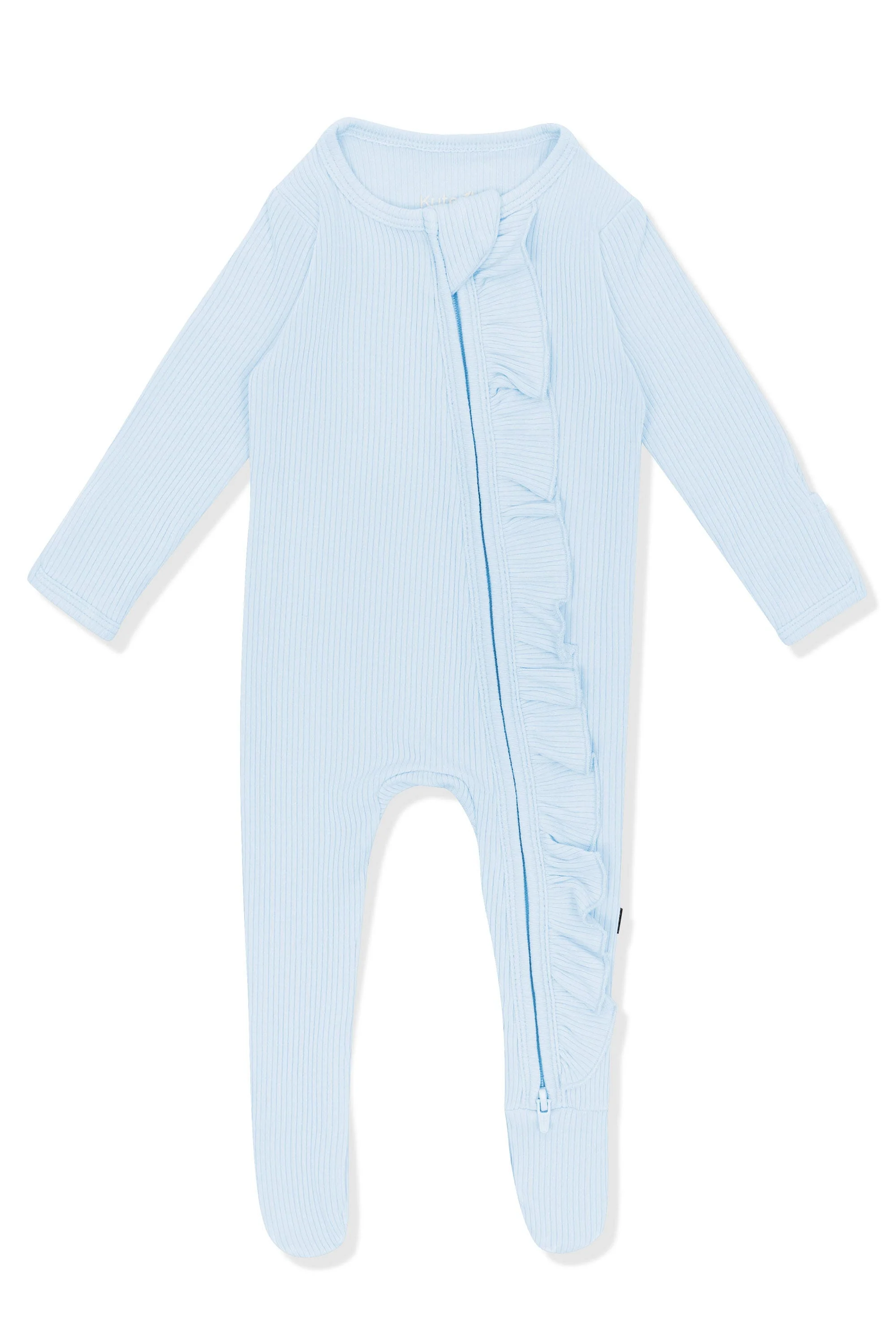 Ribbed Ruffle Zipper Footie in Breeze