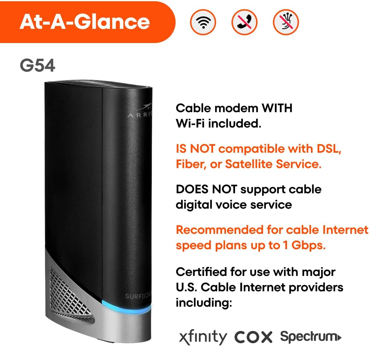ARRIS (G54) - Cable Modem Router Combo - Fast DOCSIS 3.1 Multi-Gigabit & BE 18000 WiFi 7 Comcast Xfinity  Cox  Spectrum Quad-Band 1  Up to 18 Gbps Max Speed