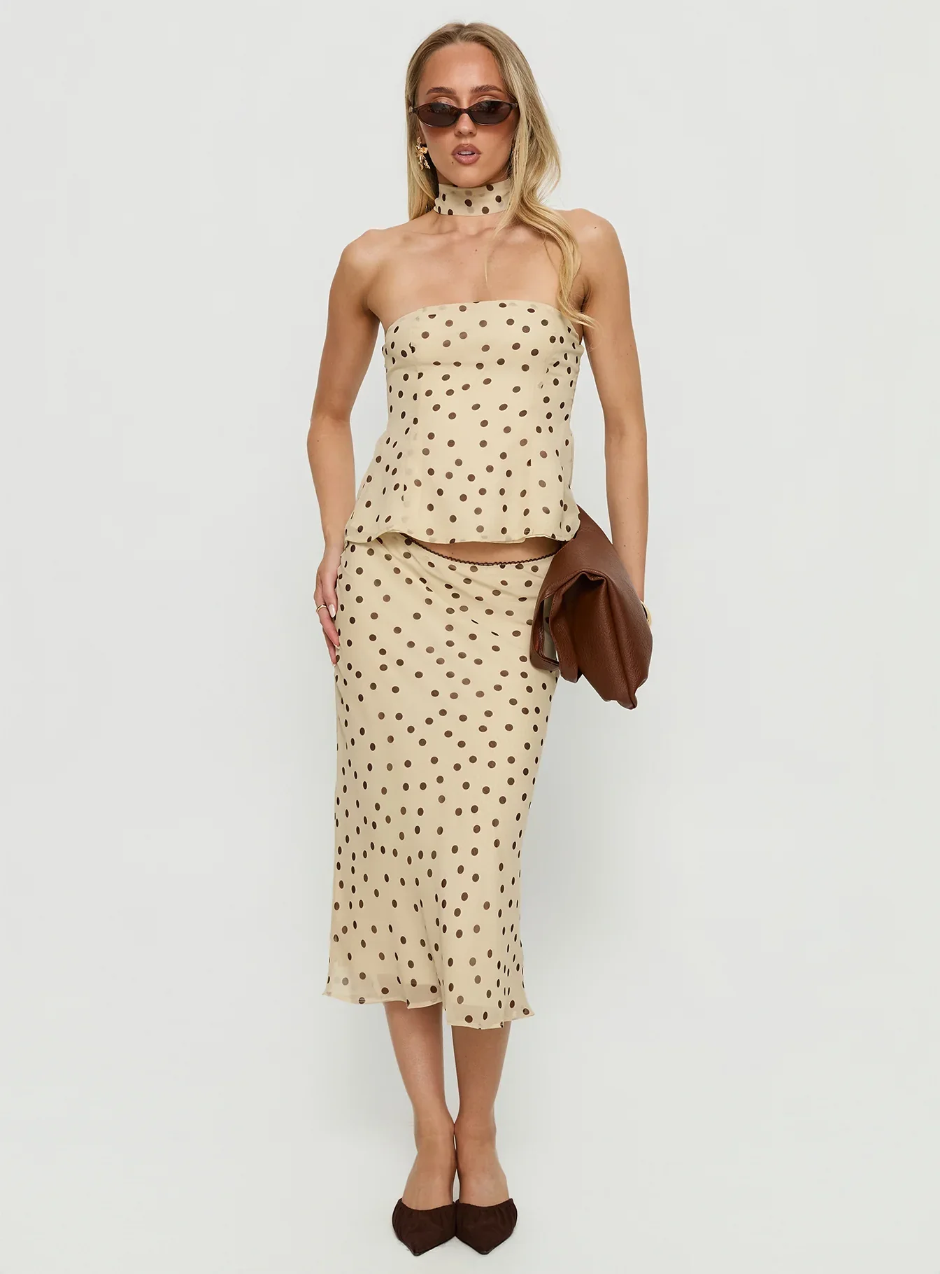Sydni Midi Bias Cut Skirt Yellow Chocolate Polka