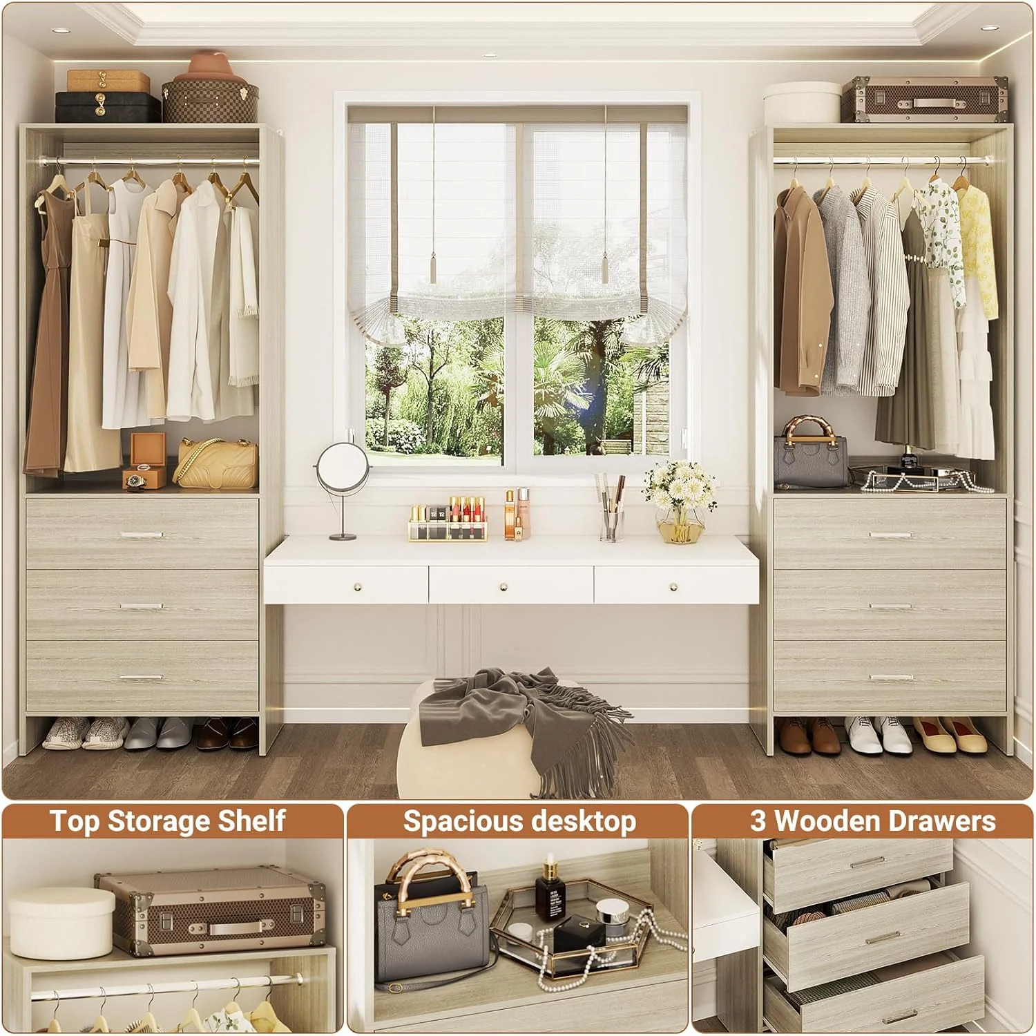 Homieasy Closet System Closet Organizer, Wood Closet Organizer System, Walk - in Closet or Small Closets Wardrobe, Clothes Rack with Hanging Rods, 4FT Closets, Set of 2, White Oak