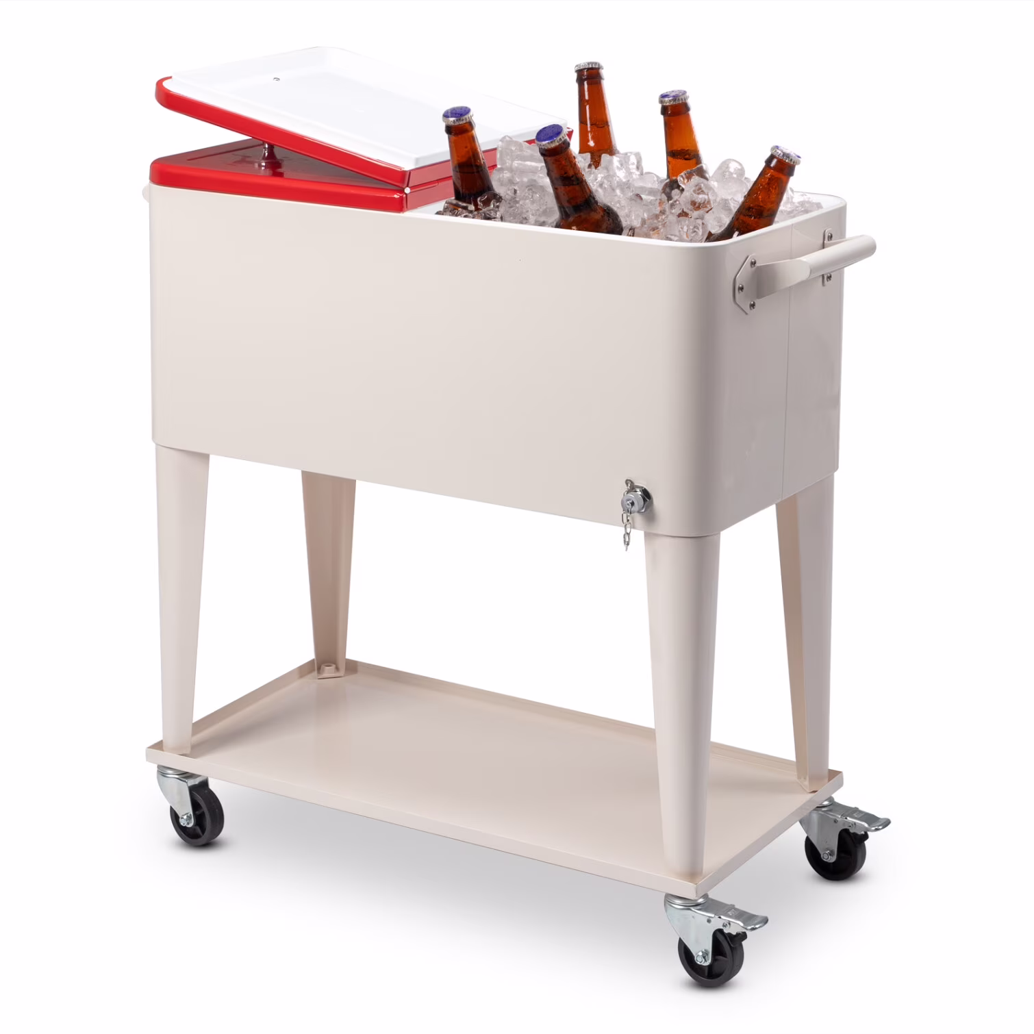 80 QT Rectangular Rolling Cooler Cart with Wheels, Portable Ice Chest with Bottle Opener and Storage Shelf, Outdoor Beverage Cart Ice Chest Cart for Patio Party, Picnic, BBQ, Camping, Red White(Red White)