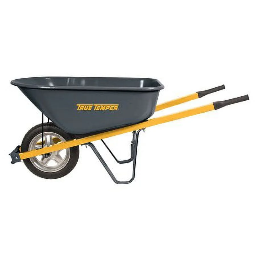 True Temper 6' Cubic Steel Wheelbarrow W/ Steel Handles and Flat - Free Tire