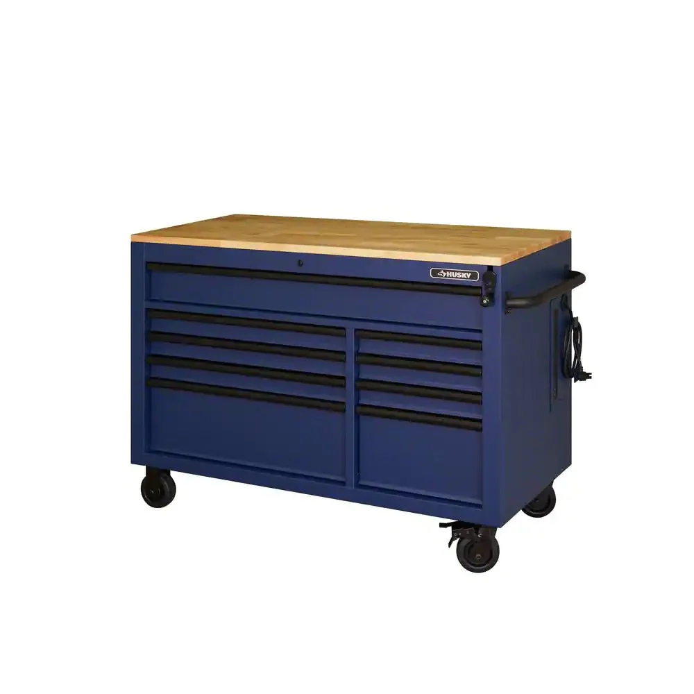 Établi mobile robuste de 132 cm (52 ​​po) à 9 tiroirs avec plateau en bois massif à hauteur réglable, finition bleu mat