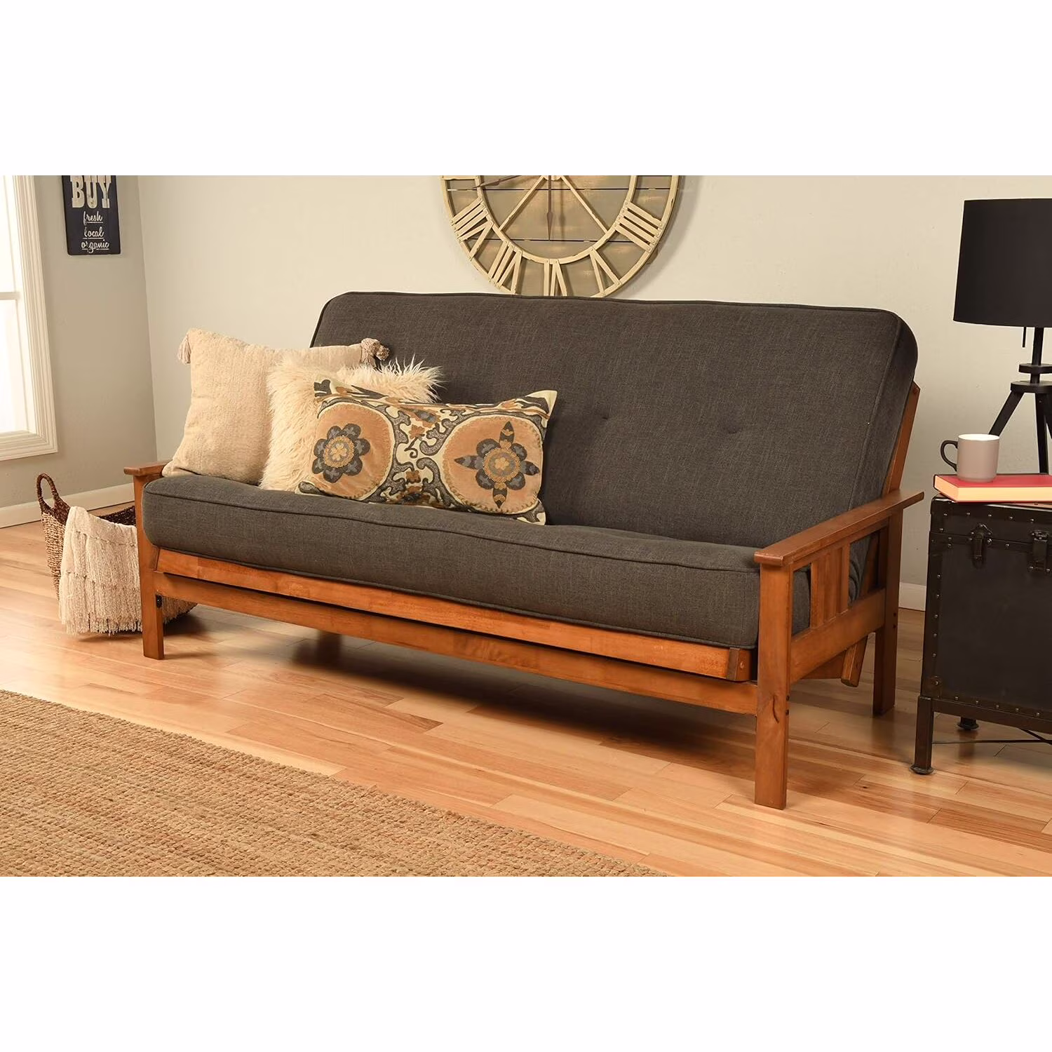 African Artifacts Full Size Futon Frame Set with Mattress, Easily Converts to Bed, Versatile Design Futon Frame for All Spaces, 33"H x 79"L x 37"D-Color:Linen Charcoal,Size:Barbados(Barbados/Linen Charcoal)