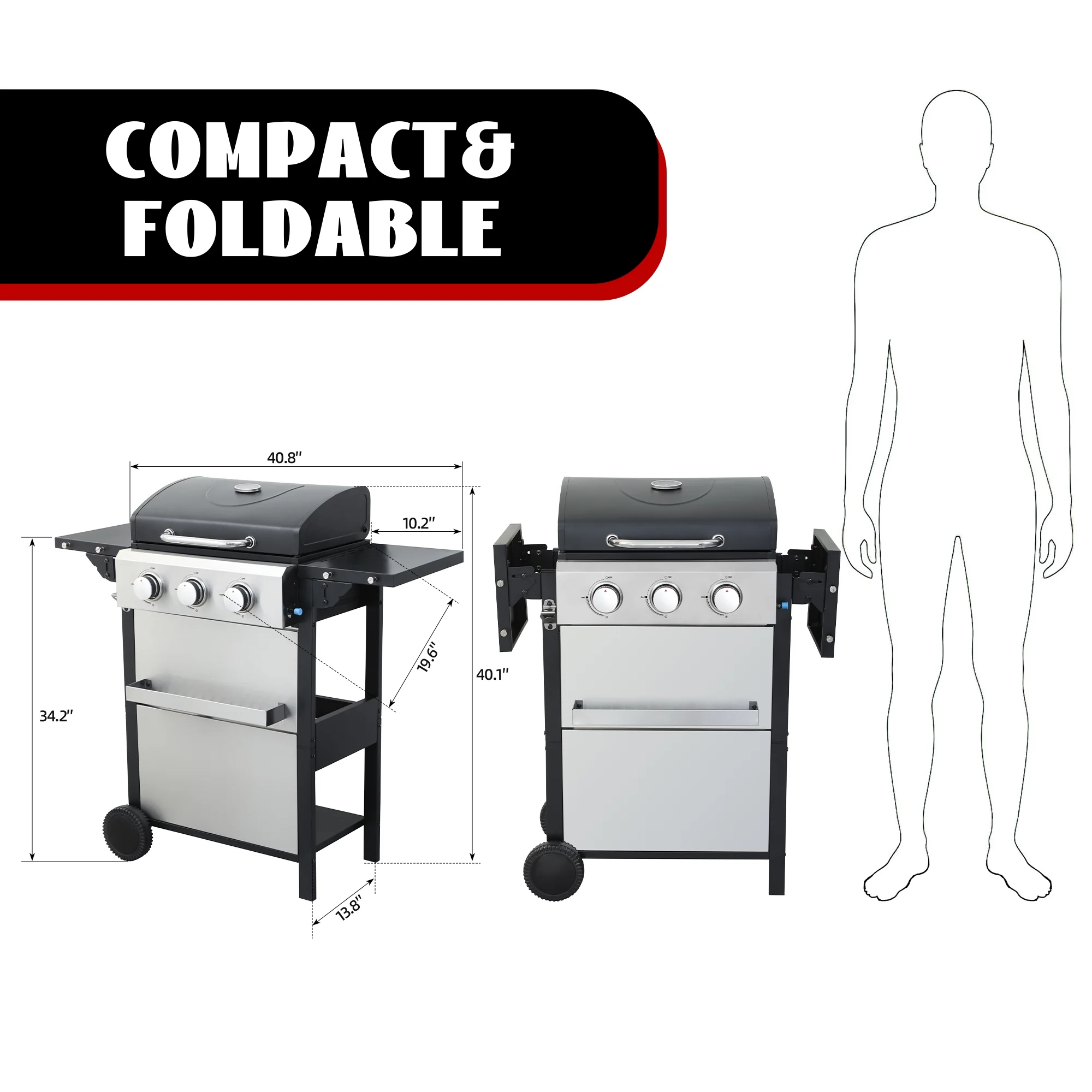 3-Burner Propane Gas Grill with 2 Foldable Side Tables, 30,000 BTU Outdoor BBQ Stainless Steel Grill with Porcelain-Enameled Cast Iron Grates and Thermometer, Easy Assembly for Patio, Backyard BBQ(Pro 3-Burner) - Image 10