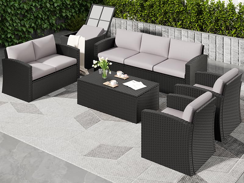 AECOJOY 7 PCS Outdoor Patio Furniture Sets with 2 Storage Boxes, Black & Grey
