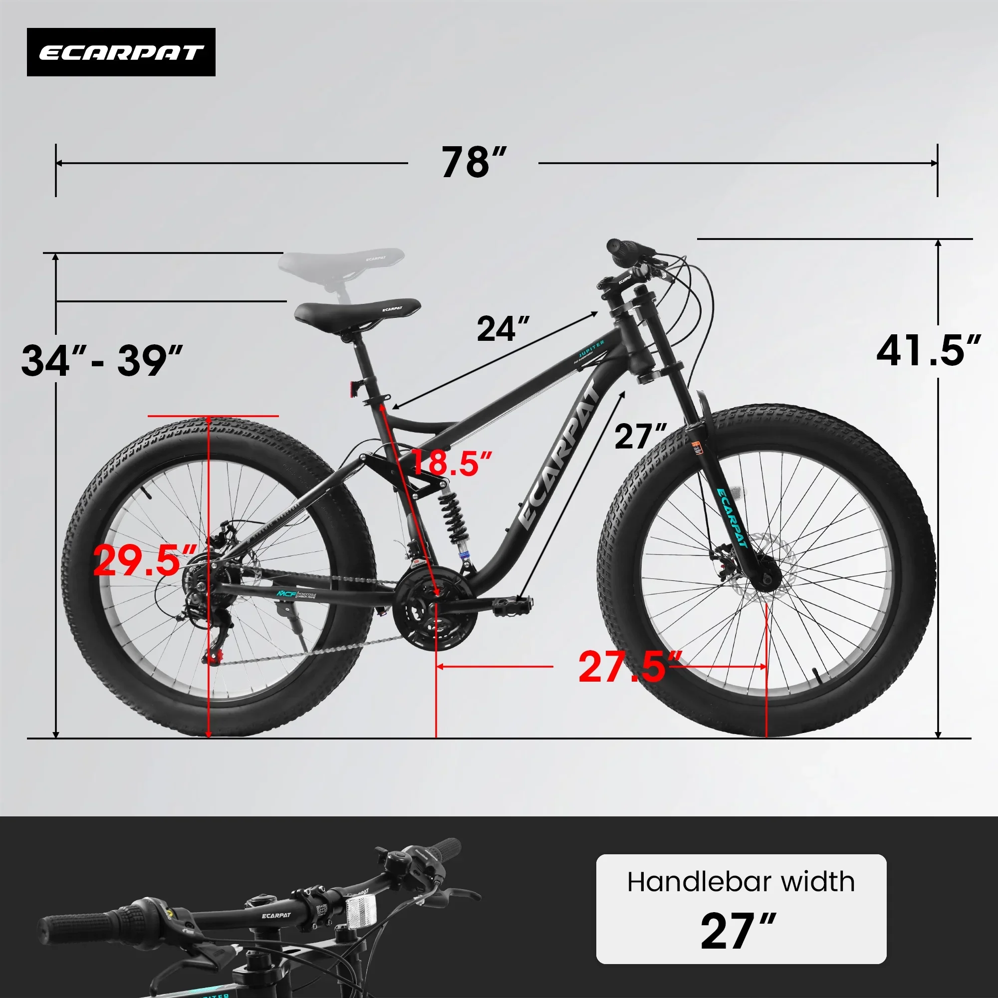 26 in Men's Fat Tire Bike,Shimano 21-Speed,Full Suspension Mountain Bike,Black