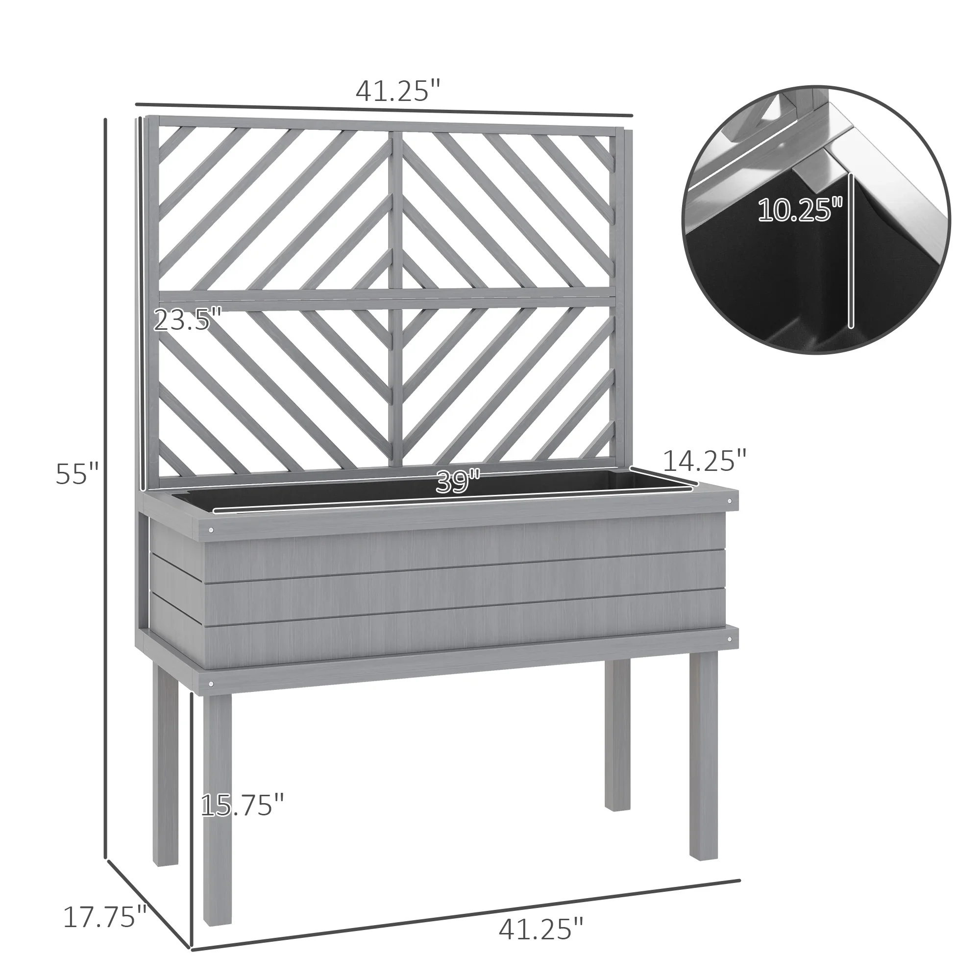 GHooa Raised Garden Bed with Trellis for Climbing Plants 41.25 W x 17.75 D x 55 H-Gray