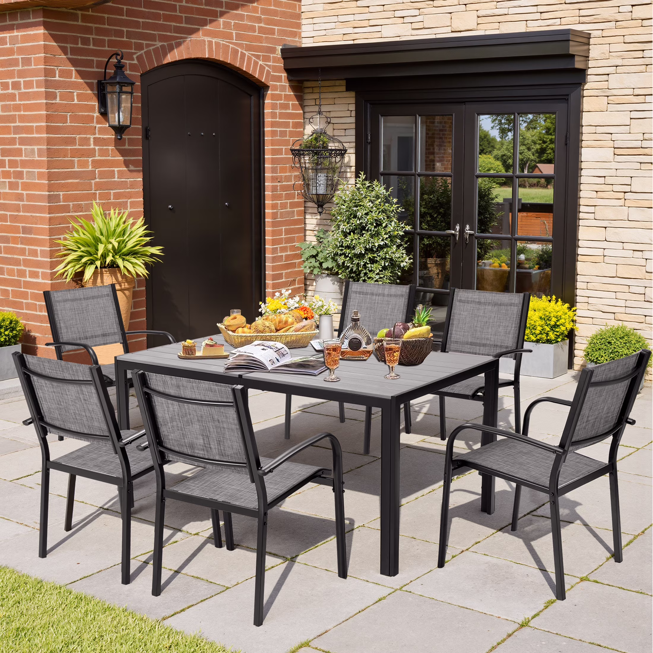 7 Piece Outdoor Dining Set, Patio Dining Table Set for 6 Persons, Garden Patio Textilene Dining Furniture Set with Plastic-Wood Tabletop, Dining Table Chairs Conversation Set for Deck Patio(Brown) - Image 7