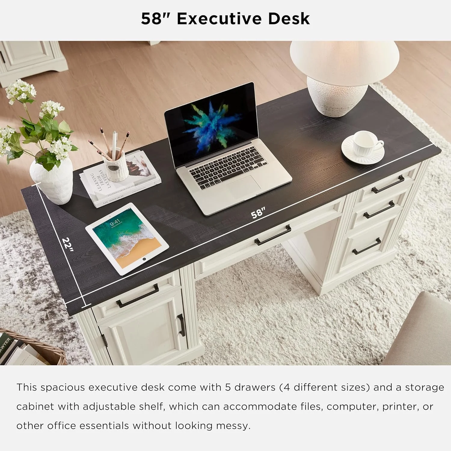 Farmhouse Wood 58" Executive Desk, Home Office 30" High Computer Desk with Drawers and Storage Cabinet, White(White) - Image 4