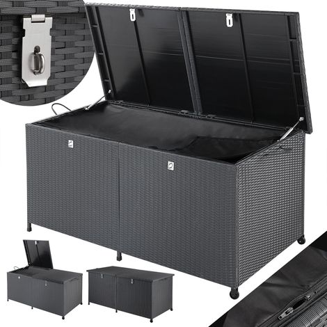 Coffre de rangement en polyrotin 625 litres XXL sur roulettes Coffre de jardin Coffre de coussin Banc noir Vérins à gaz — vue 1