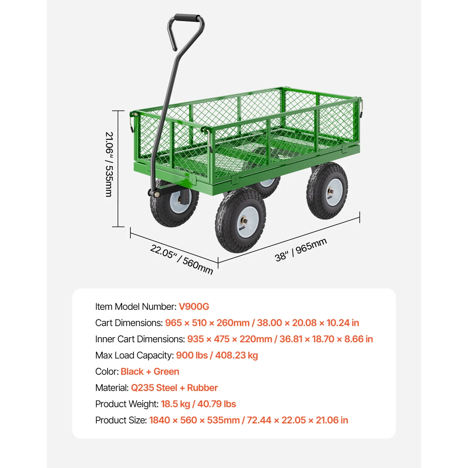 Mesh Steel Garden Cart 900 Lbs, 38 x 22 " Heavy Duty Utility Wagon Cart, Metal Garden Trolley with 10" Wheels, Removable Mesh Sides, 180��Swiveling Handle (Green)(Green) - Image 9