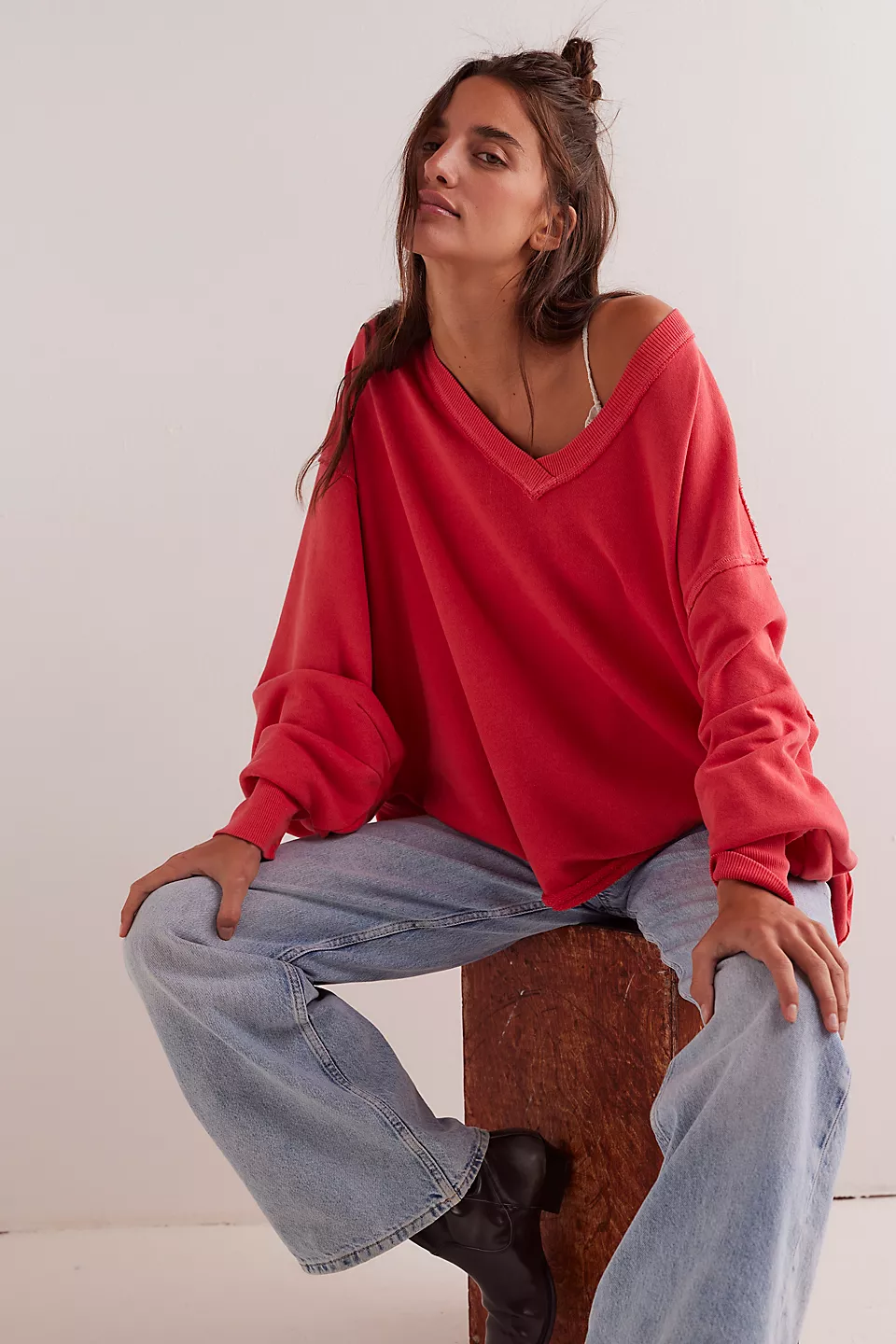 We The Free Venice V-Neck Sweatshirt-Red