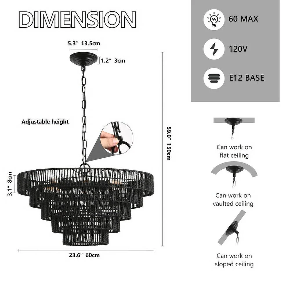 ACE-LIGHTS,Rustic 4-Tier Height Adjustable Hemp Rope Chandelier(Bulb Not Included),Pendant Light,Handmade Tiered Boho Ceiling Light Fixture for Living,Dining Room,Kitchen,Foyer(Black��