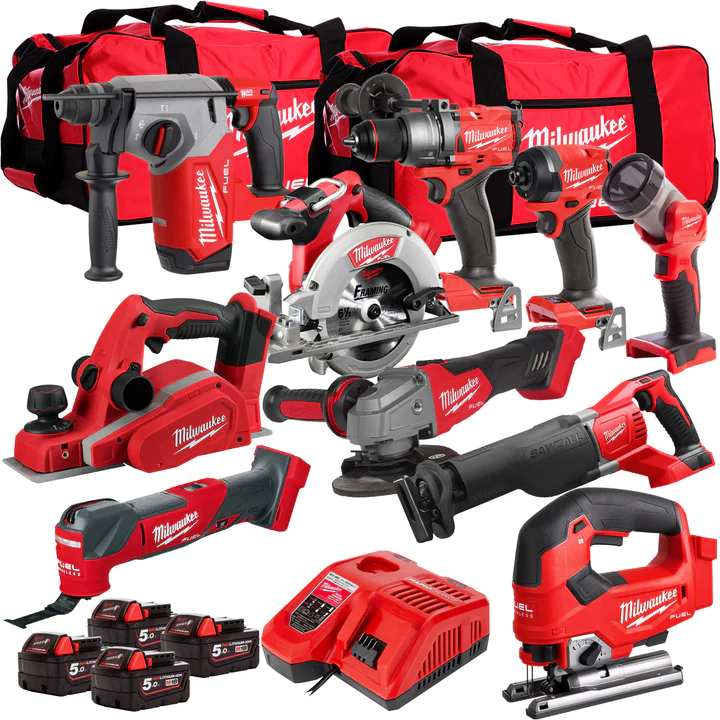Ensemble d'outils sans fil Milwaukee 18 V de 10 pièces avec 4 batteries de 5,0 Ah et chargeur dans un sac T4TM-8