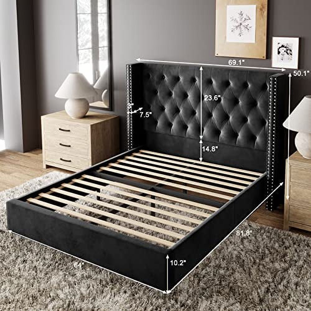 Vanacc Queen Bed Frame Upholstered Bed Wingback Headboard Velvet Tufted Diamond Button/No Box Spring Needed/Easy Assembly/Gray