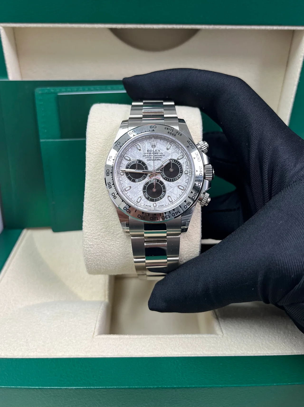 [Super Clone]Rolex Daytona White Gold Daytona 40mm Meteorite Dial Steel and Black Oyster (Reference # 116509)