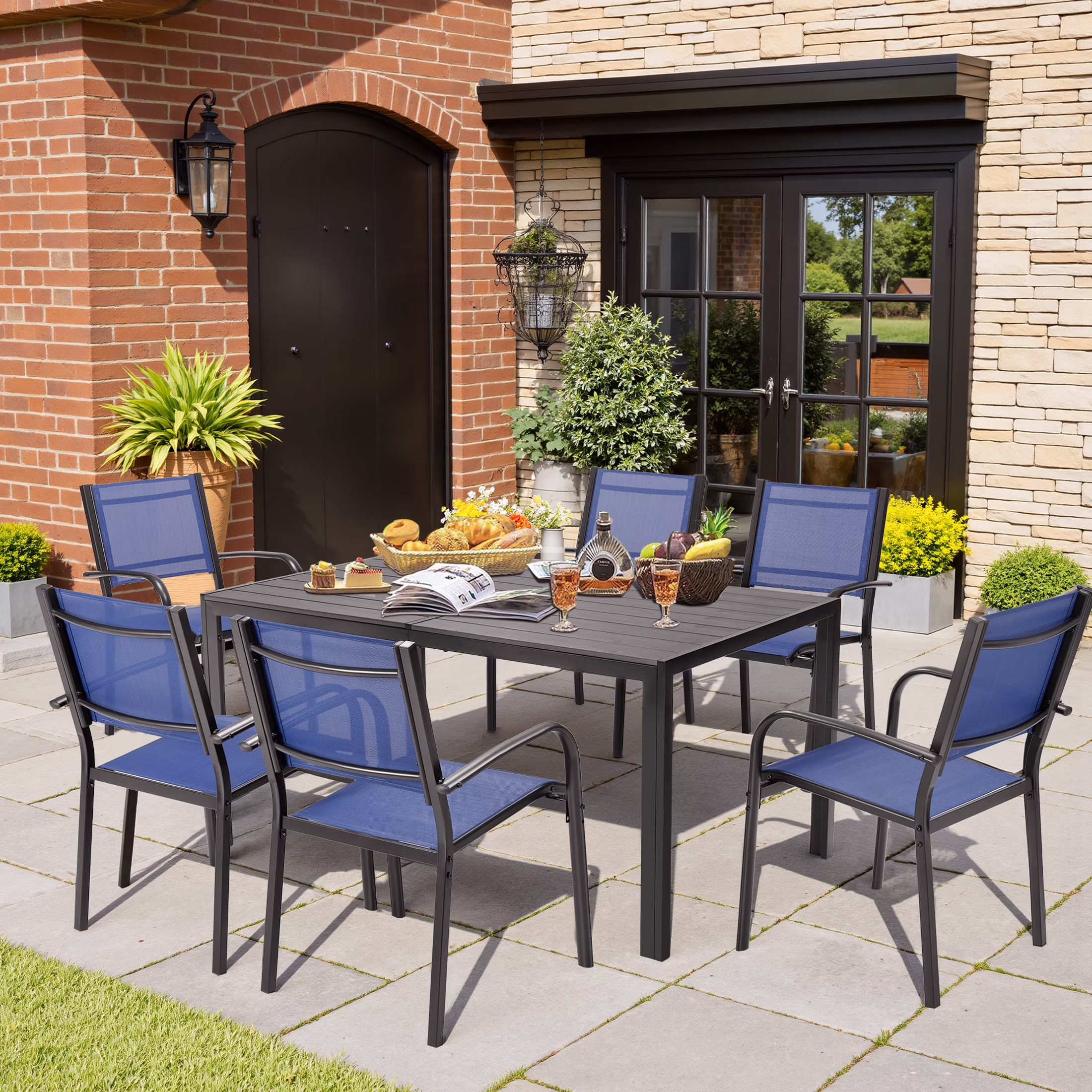 7 Piece Outdoor Dining Set, Patio Dining Table Set for 6 Persons, Garden Patio Textilene Dining Furniture Set with Plastic-Wood Tabletop, Dining Table Chairs Conversation Set for Deck Patio(Brown) - Image 5