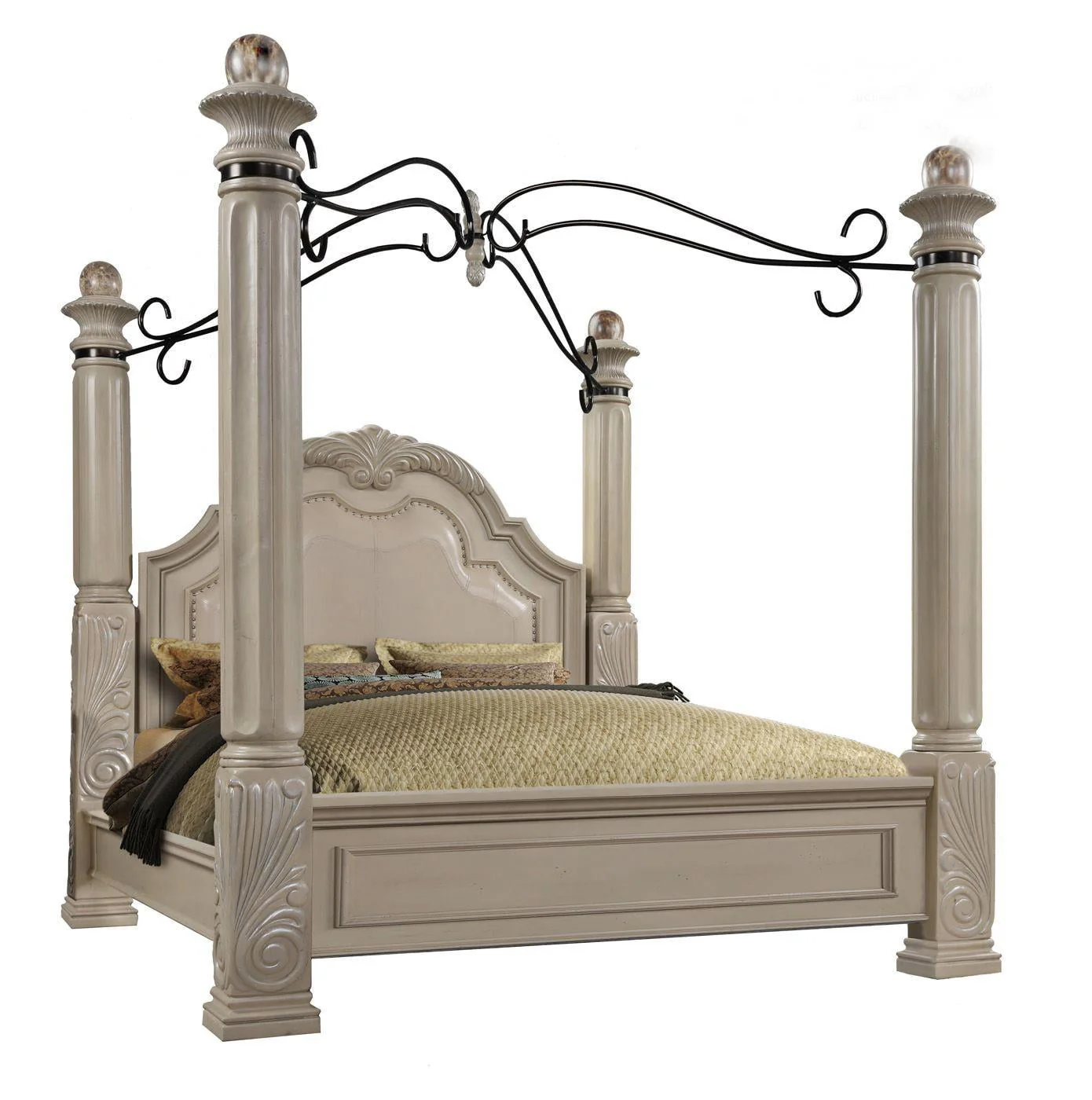 Antique White Solid Hardwood King Canopy Bed Mcferran B6006 Classic Traditional