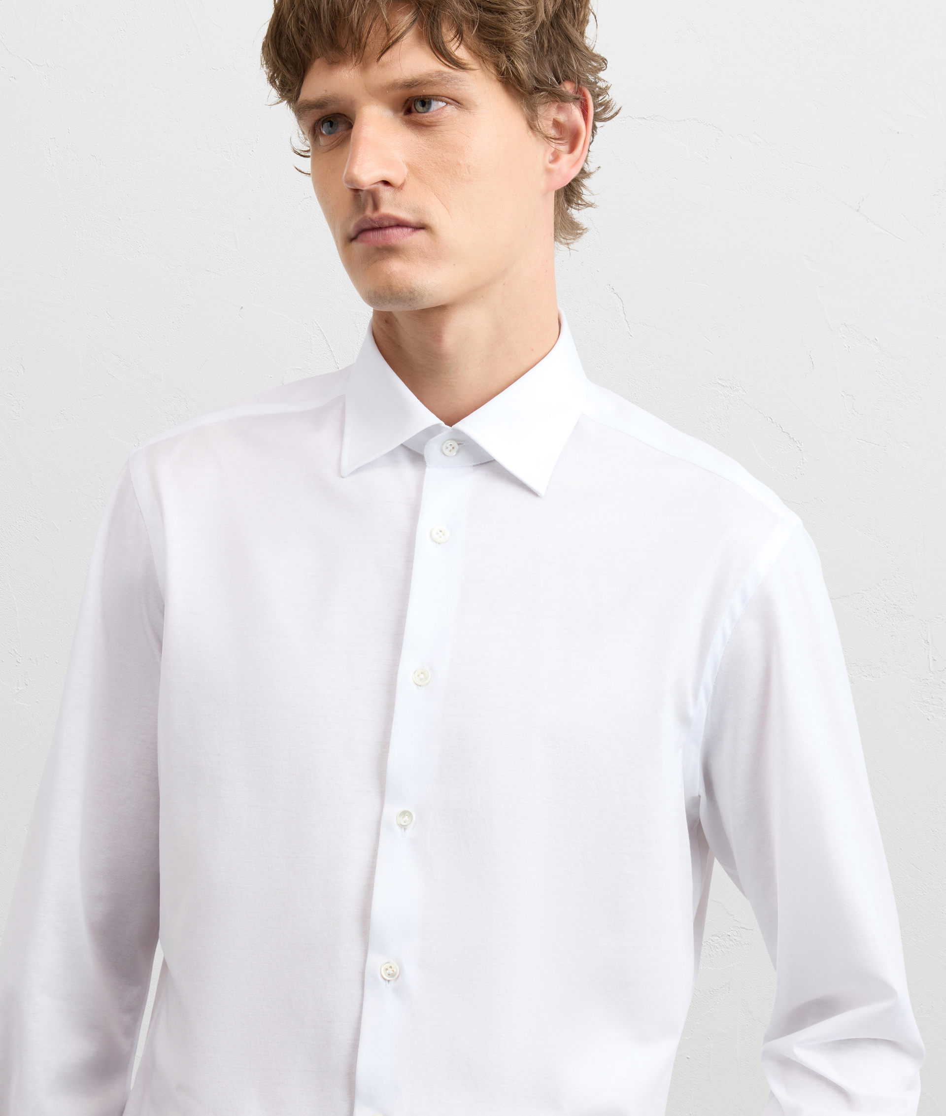 WHITE COTTON JERSEY SHIRT WITH MEDIUM MILANO COLLAR AND SOFT CONSTRUCTION