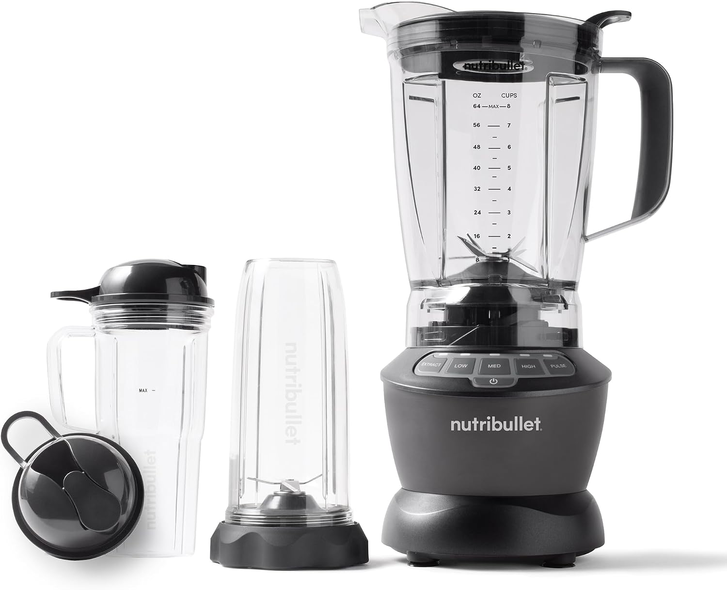 Nutribullet Full-Size Blender Combo, Single-Serve & Large Capacity, 1200W, 64oz Pitcher, 32oz Cup, Extractor Blade, 3-Speed, Pulse, Smoothies, Soups, Sauces, Easy Cleaning, Dark Gray, NBF50500