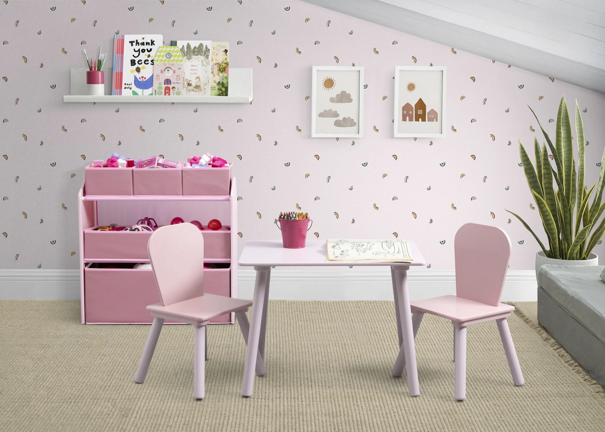 4-Piece Toddler Playroom Set �C Includes Play Table, 2 Chairs and 6 Bin Toy Organizer with Reusable Vinyl Cling Stickers, Light Pink/Dark Pink(Pink) - Image 2