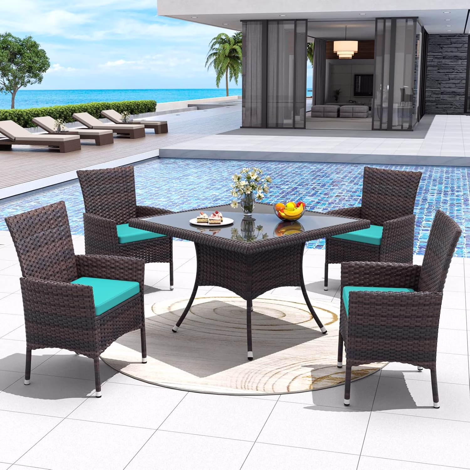 5 Pieces Patio Dining Set Outdoor Rattan Furniture with Square Glass Tabletop 4 Chairs with Cushions for Patio, Backyard Outdoor Kitchen Lawn Garden Blue(5-piece Rattan Dining Set/Blue)