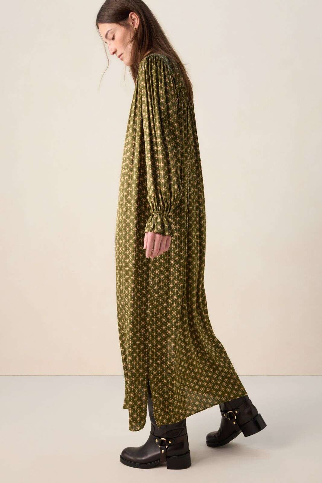 Donkergroene maxi jurk met print