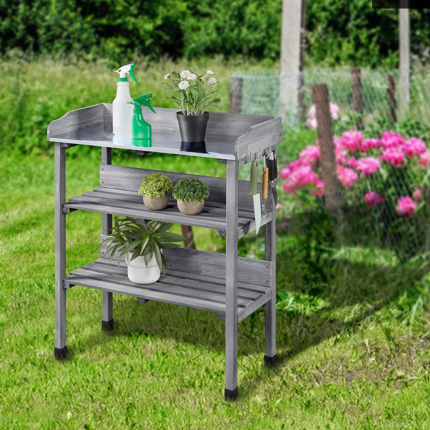 Garden Potting Table Horticulture Potting Bench w/Storage Shelf W/Metal Tabletop w/Hook 3 Shelves Workstation Work Benches Station, Gray - Image 8