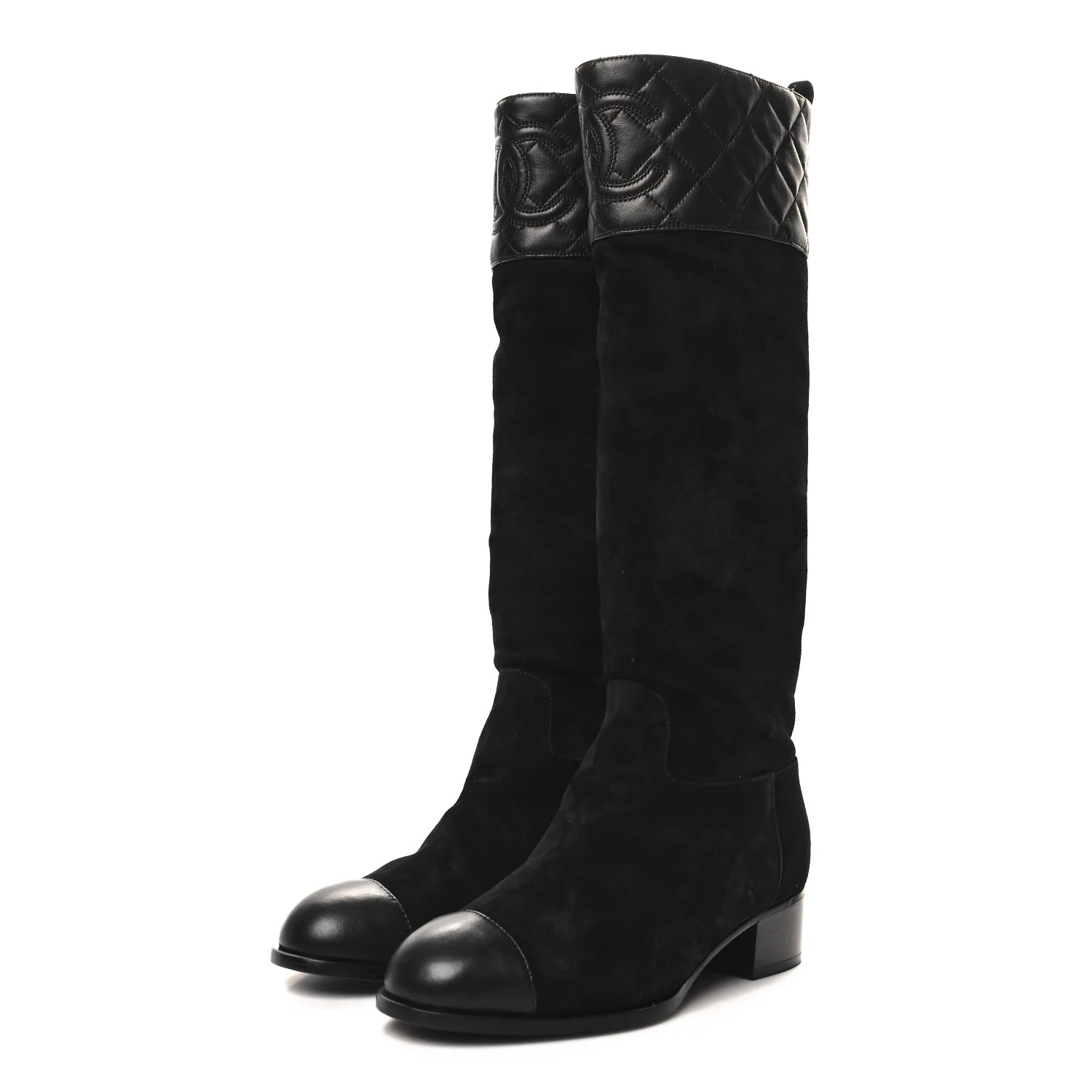 Suede Calfskin Lambskin Quilted Knee High Boots 37 Black