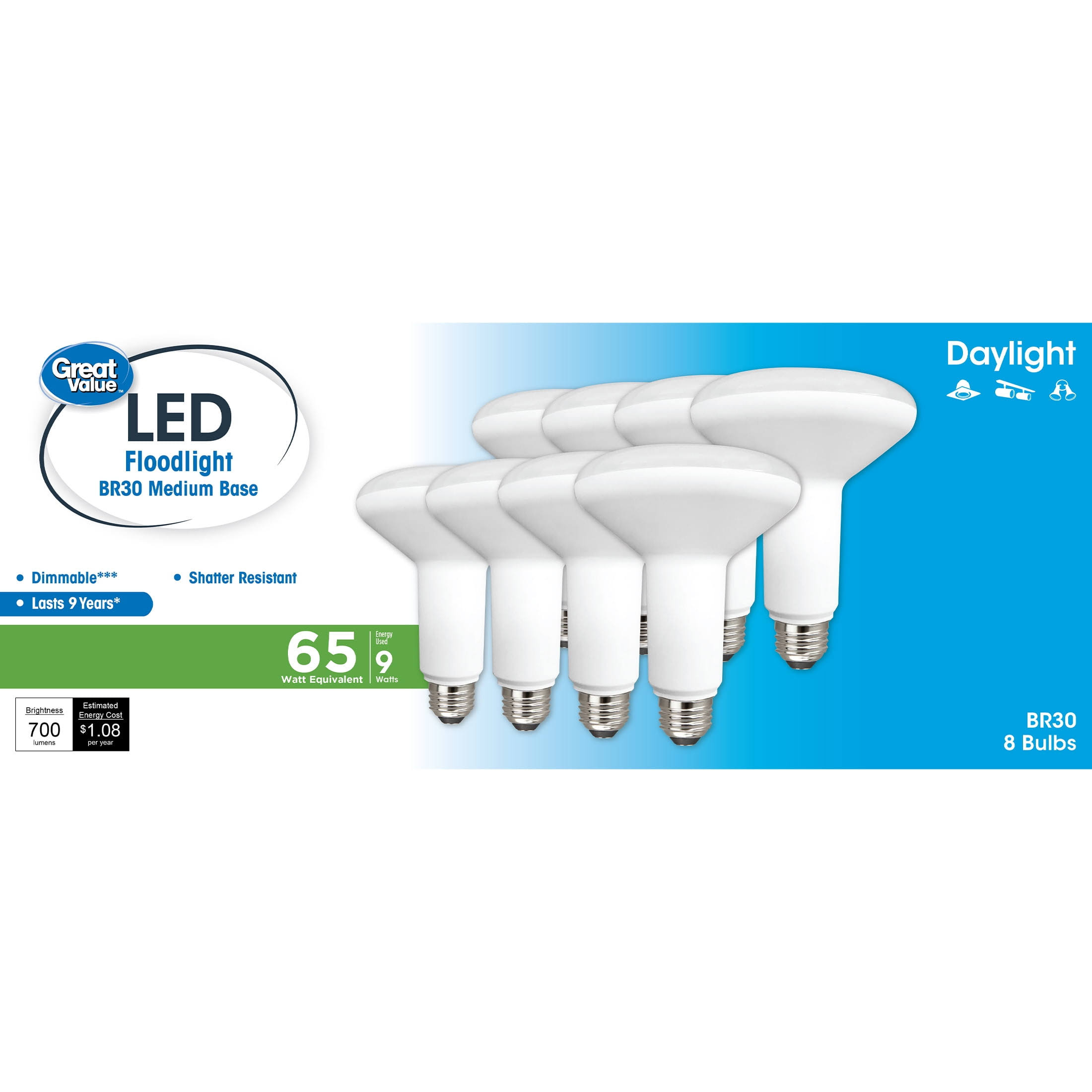 Great Value LED Light Bulb, 9 Watts (65w Eqv.) BR30 Floodlight Lamp E26 Base, Dimmable, Daylight, 8-Pack