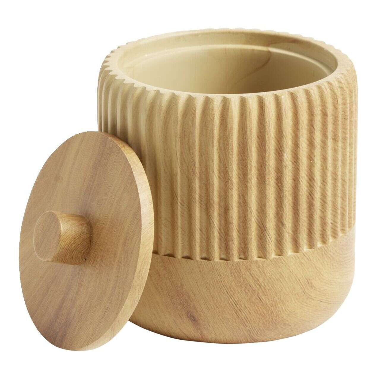 Pot à coton rond plastique imitation bois avec couvercle Ø9xH10cm