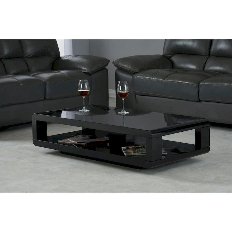 Modern Rectangular Coffee Table with Gloss Finish and Open Storage Shelf