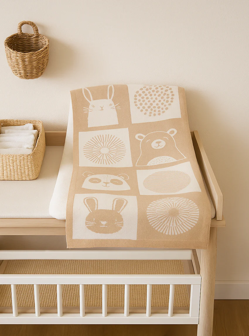 Couverture bébé  laine mérinos motif animaux beige pastel