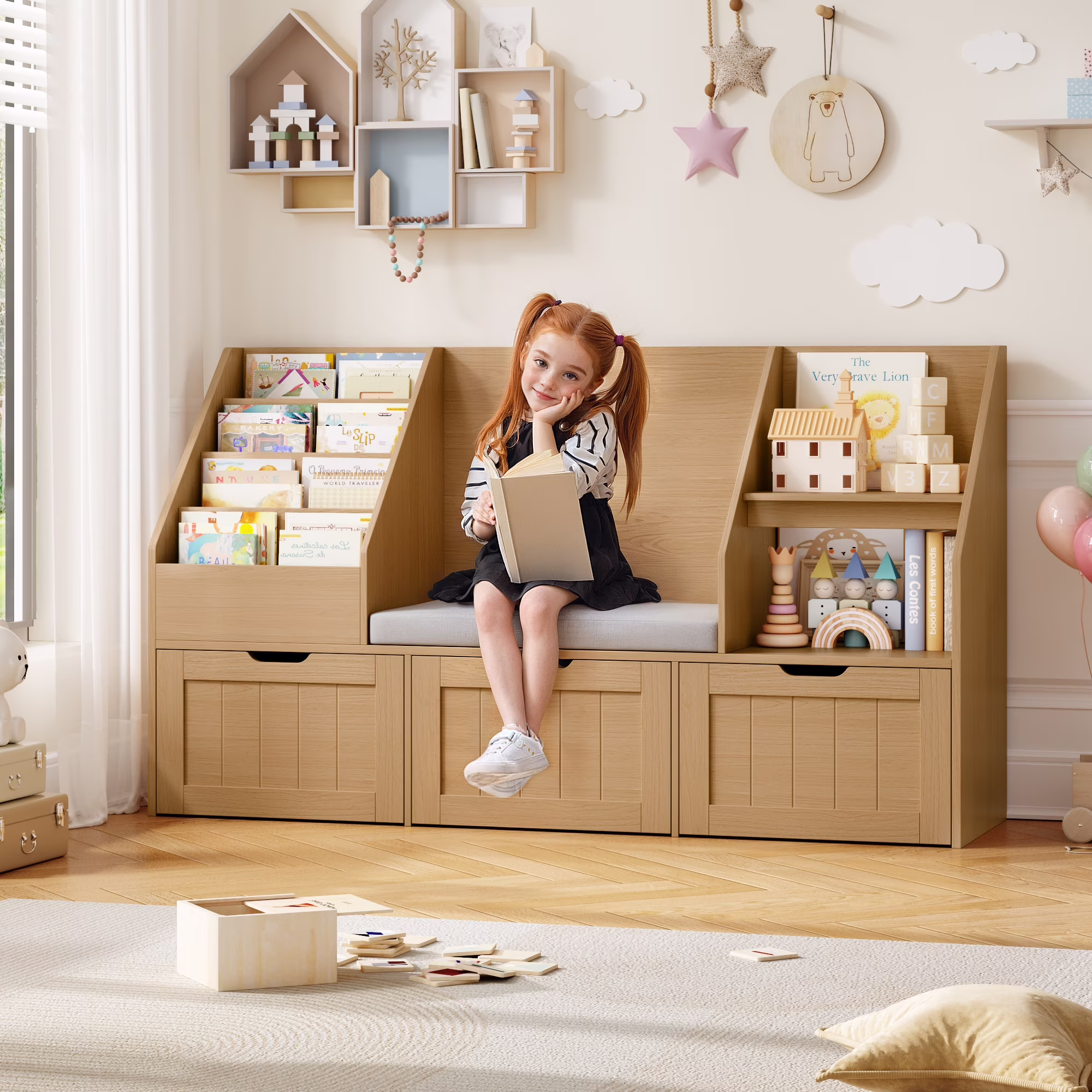 Kids Bookshelf with Reading Nook 3 Movable Drawers, 2 Cube Bookcase with 4-Tier Book Racks, Toy Storage Organizer for Playroom Bedroom, White(White) - Image 3